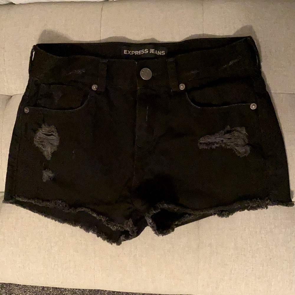 Black Distressed Mid Rise Denim Shorts